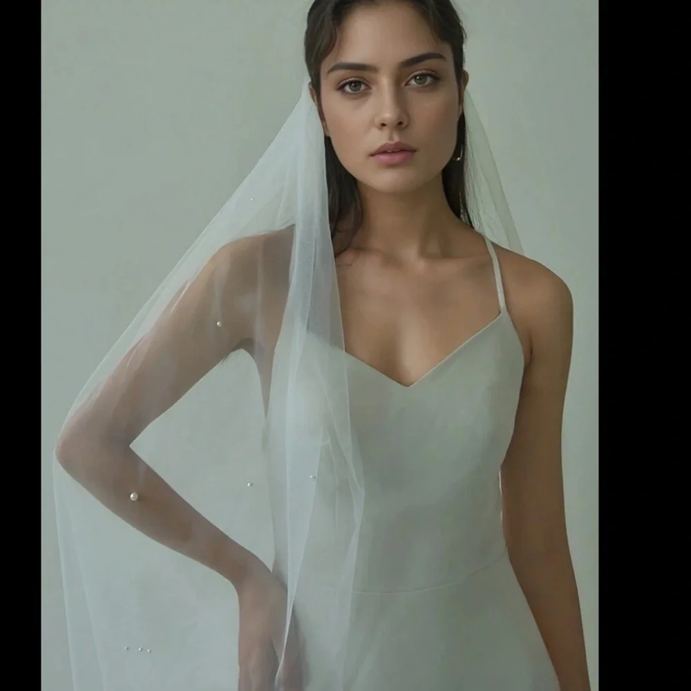 Pearl bow long veil bridal wedding boho chic
